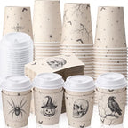 100 Sets 8 oz Halloween Disposable Coffee Cups with Lid and Sleeve (Spider)
