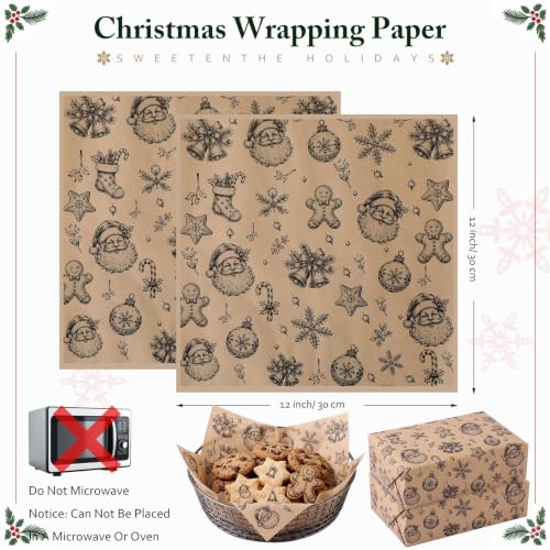 100 Pcs Christmas Wax Paper Sheets for Food Wrapping (Khaki / Christmas Lovely)