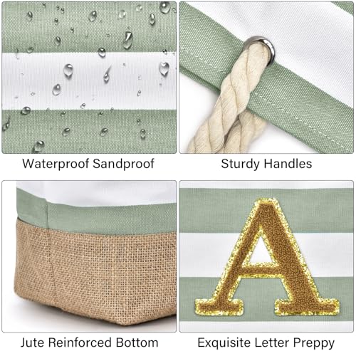 Beach Bag Initial Beach Tote with Makeup Bag for Travel (Light Green / A)