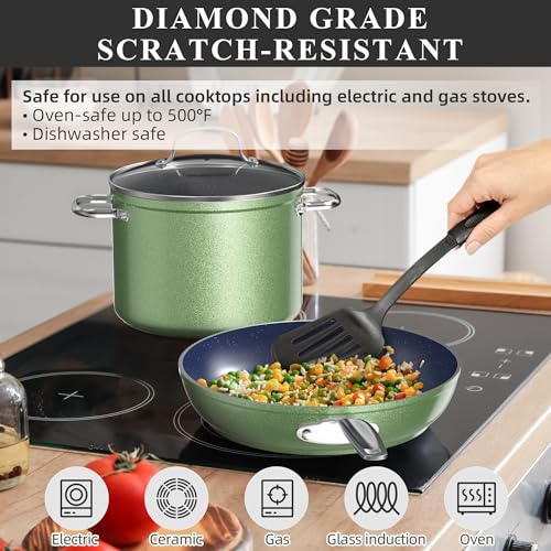 Healthy Duralon Blue Ceramic Nonstick Cookware Set (Metallic Pistachio Green / 12pc Set)