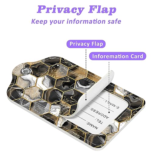 Gold Ink Hexagon Texture Luggage Tags 2PCS PU Leather Suitcases Tag with Stainless Steel Loop and Privacy Name Address Cover Label Card for Women Men Travel (Gold Ink Hexagon Texture)