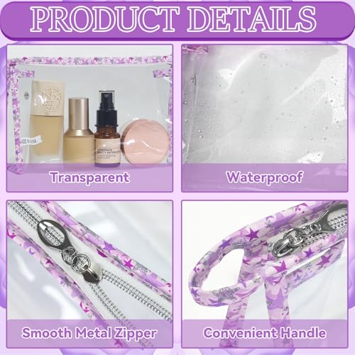 12 Pieces Clear Makeup Bag PVC Portable Travel Makeup Cosmetic Toiletry Zippered Pouches Waterproof Vinyl Plastic Large Clear Organizer Storage Case (12pcs Purple L)