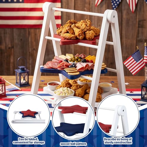 3 Tier Patriotic Star Serving Tray Red White Blue Wooden 4th of July Dessert Platters Independence Day 12" (Independence Day)