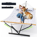 Double Hammock with Stand 500lbs Heavy Duty Outdoor Two Person White (White Grey)