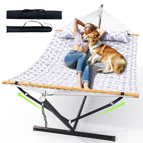 Double Hammock with Stand 500lbs Heavy Duty Outdoor Two Person White (White Grey)