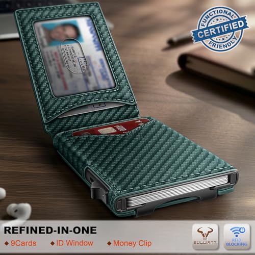 Men Slim Magnetic Leather Wallet Metal Case Money Clip 9 Cards (Dark Green-4336)