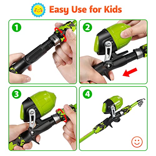 Kids Fishing Pole with Spincast Reel Telescopic Fishing Rod Combo Full Kits for Boys (Green / 4FT / 1.2M)