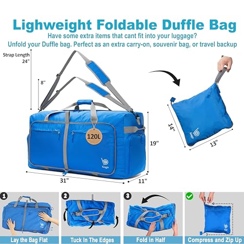 Travel Duffle Bag for Women & Men. Extra Large Foldable Duffel Bags (120L / Blue)