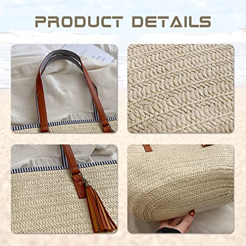 Large Beach Tote Bag with Zipper Straw Handbags for Women Summer Woven Shoulder Bag for Holiday Shopping Travel (Beige)