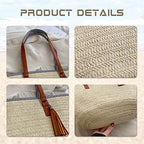 Large Beach Tote Bag with Zipper Straw Handbags for Women Summer Woven Shoulder Bag for Holiday Shopping Travel (Brown)