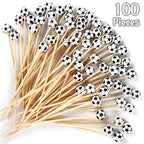 100 Pieces Soccer Decorative Sports Ball End Cocktail Skewers 4.7 Inch Bamboo Cocktail Picks Wooden Decorative Fruit Toothpicks for Appetizers Bar Drinks Fruit Sandwich Buffets Party Supplies (Soccer)