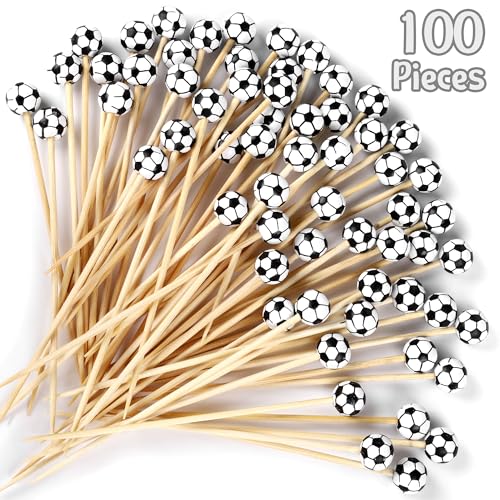 100 Pieces Soccer Decorative Sports Ball End Cocktail Skewers 4.7 Inch Bamboo Cocktail Picks Wooden Decorative Fruit Toothpicks for Appetizers Bar Drinks Fruit Sandwich Buffets Party Supplies (Soccer)