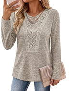 Fall Outfits for Women Business Casual Long Sleeve Shirts Boho Tops Khaki M (Medium / All Khaki)