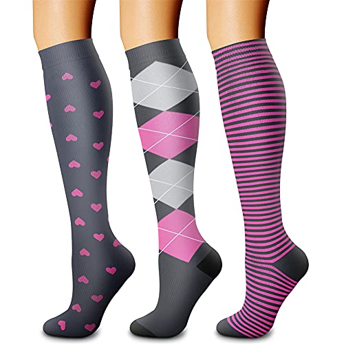 Compression Socks for Women & Men Circulation (Large-X-Large / 13 Grey/Pink/Grey)