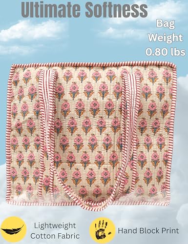 100% Cotton Quilted Tote Bag For Women (Clam Up Blossom Pink Block Print)
