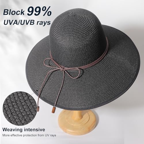 Womens Sun Straw Hat Bowknot Hat Summer Wide Brim Bucket Hats Foldable Beach Sun Hats Roll up UPF 50+ (1 Pack Bowknot Hat: Black, 4.7" Brim)