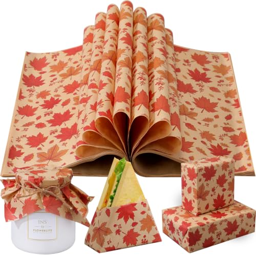 100 Pcs Fall Maple Leaves Wax Paper Sheets for Food Wrapping (Colorful / Maple Leaves)