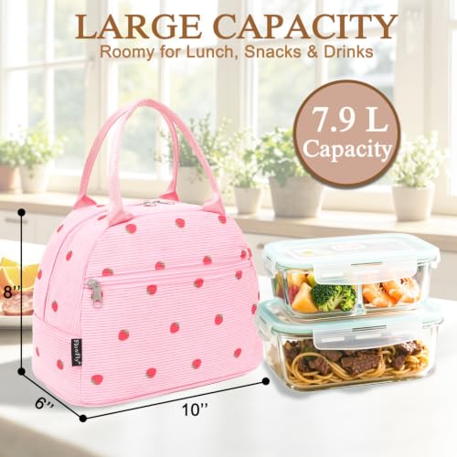 Insulated Lunch Bag for Women (Corduroy Strawberries RoseRed)