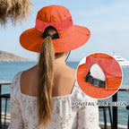 Ponytail Sun Bucket Hats for Women UV Protection Foldable Wide Brim (1 Pack-pure Orange)