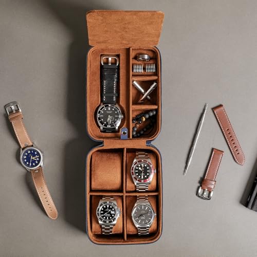 5 Watch Travel Case Storage Organizer for 5 Watches (Blue / Tan)