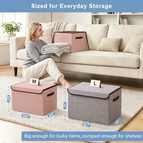 Linen Fabric Foldable Storage Cube Bin Organizer Basket with Flip (Pink / Medium - 4 Pack)