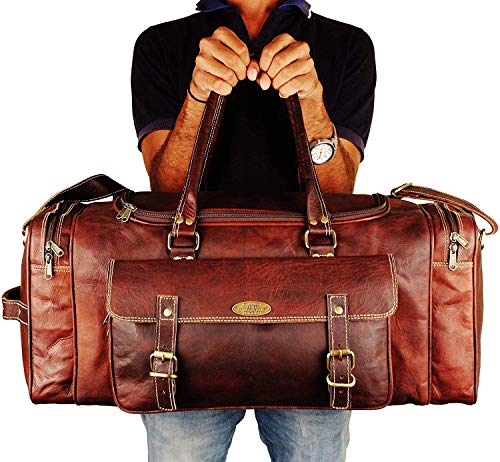 Men’s Gym Sports Overnight Weekender Bag Leather Travel Bags For Men Vintage Leather Duffle Bag Women Carry On Travel Holdall Bag 24 Inches (24 Inch)