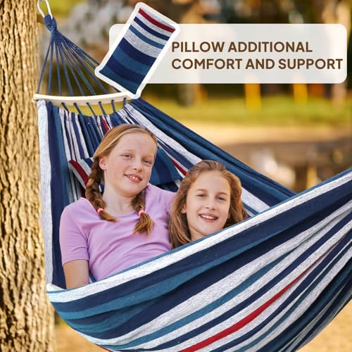 Cotton Hammock 8.9x4.9ft Holds Up to 660lbs Prevents Side (Blue/Red/White Stripes / 270x150cm)