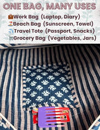 100% Cotton Quilted Tote Bag For Women (Indigo Blue White Chalk Block Print)