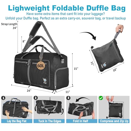Large Duffle Bag for Travel Women & Men. Durable Lightweight Foldable Travel Duffel Bags For Traveling Women. 60L Duffle Bags For Overnight Bag With Shoe Compartment Collapsible Weekender duffel (60L / Black)