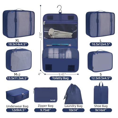 10 Set Packing Cubes Various Sizes Packing Organizer for Travel Accessories Luggage Carry On Suitcase (10-Navy / 10 Set-full Mesh)