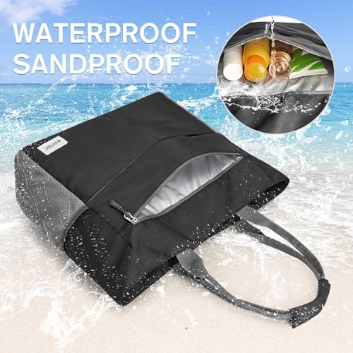 Beach Bag Waterproof Sandproof Large Capacity Foldable for Women (50L / Black)