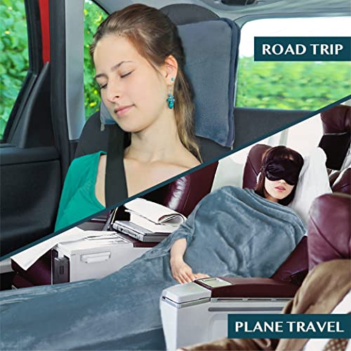 Compact 2-in-1 Travel Blanket Pillow for Airplane Flight, Blue (Dusty Blue / 65 x 40 inches)