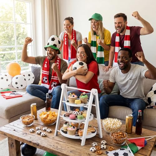 3 Tier Soccer Ball Serving Trays Wooden Shaped Soccer Stand Platters 12'' 10'' 8'' Round Charcuterie Plate Board Reusable Party Serving Plate for Game Tailgate Party Supplies (Soccer)