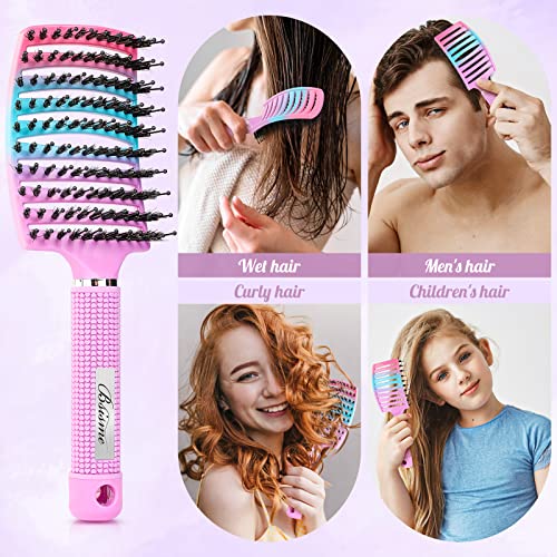 Boar Bristle Hair Brush Curved Vented Detangler Brush Faster Blow Drying (Purple+Green)