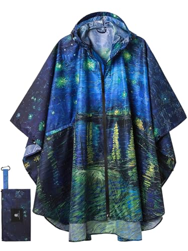 Adult Rain Poncho Waterproof Hooded Zipper Raincoat with Pockets (Starry Night Over the Rhone)