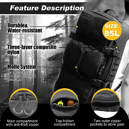 3 In 1 Tactical 45L Military Backpack Travel Duffle Bag for Weekender Gym Workout Deployment (Medium (45L) / Black)