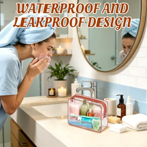 16 Packs Clear Makeup Bags Cosmetic Zipper Pouches Waterproof TAS Approved Toiletry Bags PVC Organizer Storage Case for Vacation Travel Bathroom（Brown (16pcs Brown M)
