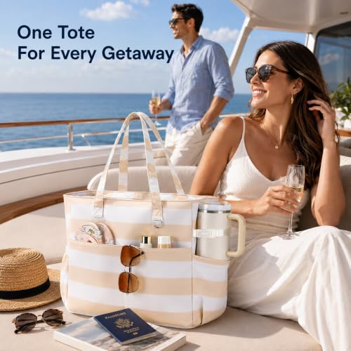 Beach Bag for Women (Light Khaki White)