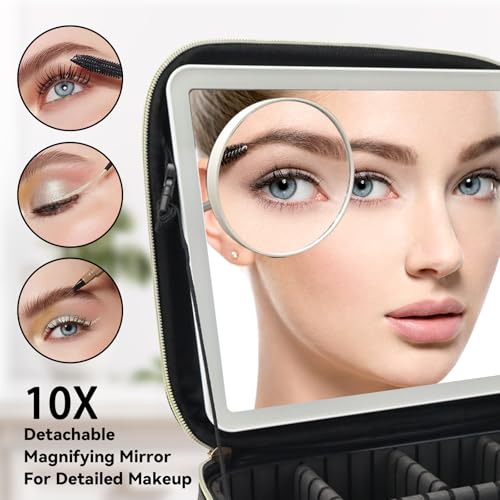 Travel Makeup Bag with LED Mirror and 10x magnifying glass with 3 Lighted Settings (Black / With LED Mirror and 10x Magnifying Glass)