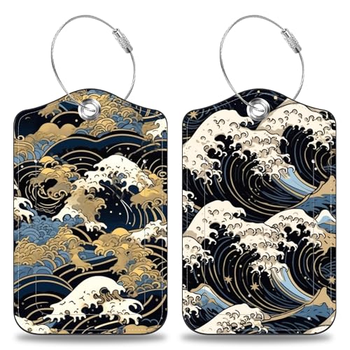 Japanese Art Blue and White Waves Set of 2 Luggage Tags for Suitcases Leather Suitcase Tags Identifiers with Privacy Name Label and Stainless Steel Loop for Women Men Travel Luggage Accessories (Japanese Art Blue and White Waves)