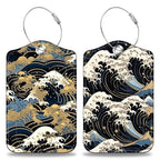 Japanese Art Blue and White Waves Set of 2 Luggage Tags for Suitcases Leather Suitcase Tags Identifiers with Privacy Name Label and Stainless Steel Loop for Women Men Travel Luggage Accessories (Japanese Art Blue and White Waves)