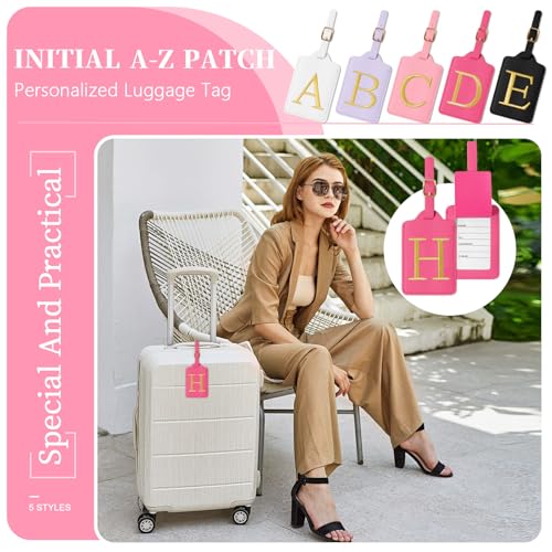 Personalized Rose Red Leather Initial Luggage Tags with Privacy Cover Name Card (Rose Leather,glod Letter / G)