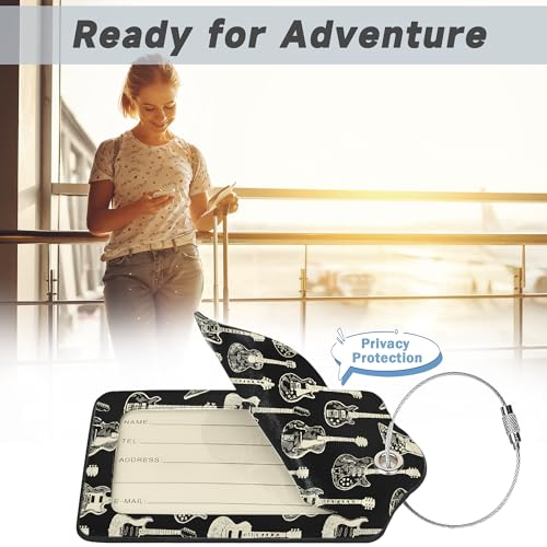 2 Pack Leather Luggage Tag for Suitcase Music Guitar Unique Travel Tags with Privacy Cover ID Label & Stainless Steel Loop for Men and Women Baggage (Music Guitar)