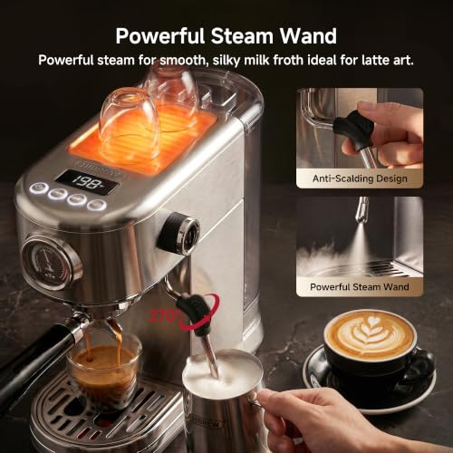 H10B Programmable Espresso Machine with LED Display & Pressure Gauge (Silver)