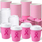 100 Sets 8 oz Breast Cancer Coffee Cups with Lids and Sleeves (Breast Cancer)