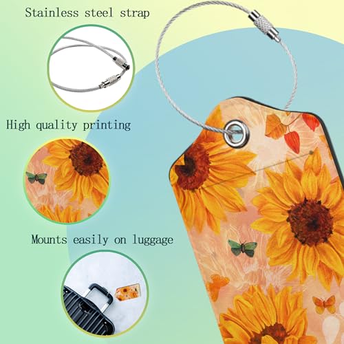 Sunflowers Luggage Tags Set of 2 Butterfly Retro Leather Suitcase Tags with Stainless Steel Loop and Privacy Cover for Women Men Travel Luggage Accessories (Sunflowers Butterfly Leaves Retro)