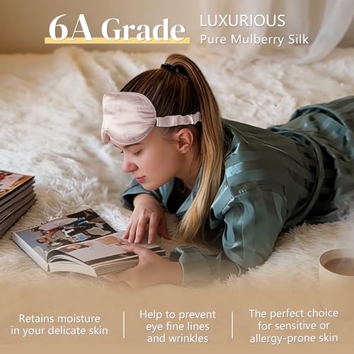 Adjustable 22 Momme 100% Pure Mulberry Silk Sleep Mask (Pink - Fruit Line Art / 1 Count (Pack of 1))