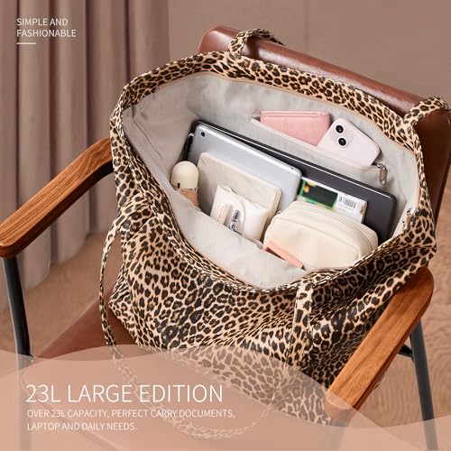 Large Tote Bag Vegan Leather 16L Casual Zipper Work Weekender (Leopard B)