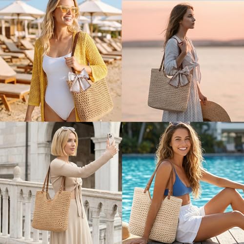 Crochet Beach Bag for Women Summer Purse Boho Small Tote (Khaki Bag)