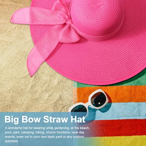 Womens Big Bowknot Straw Hat Foldable Sun Hats Floppy Beach Hat Large Roll up Cap UPF 50+ (Deep Pink / 5.5" Brim, 1 Pack)